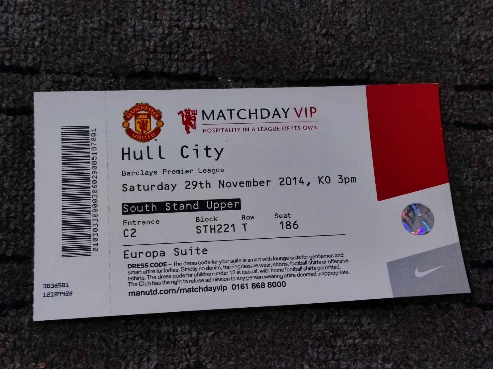 Manchester United vs Hull City Ticket 2014 Premier League Matchday VIP for sale on Ebay