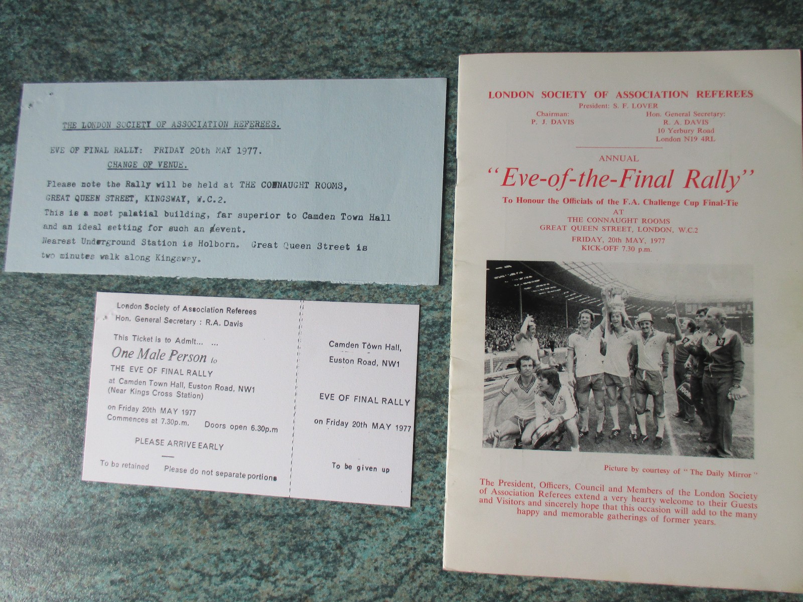 1977 FA CUP EVE OF THE FINAL RALLY REFEREES BROCHURE & TICKET LIVERPOOL V MAN U for sale on Ebay