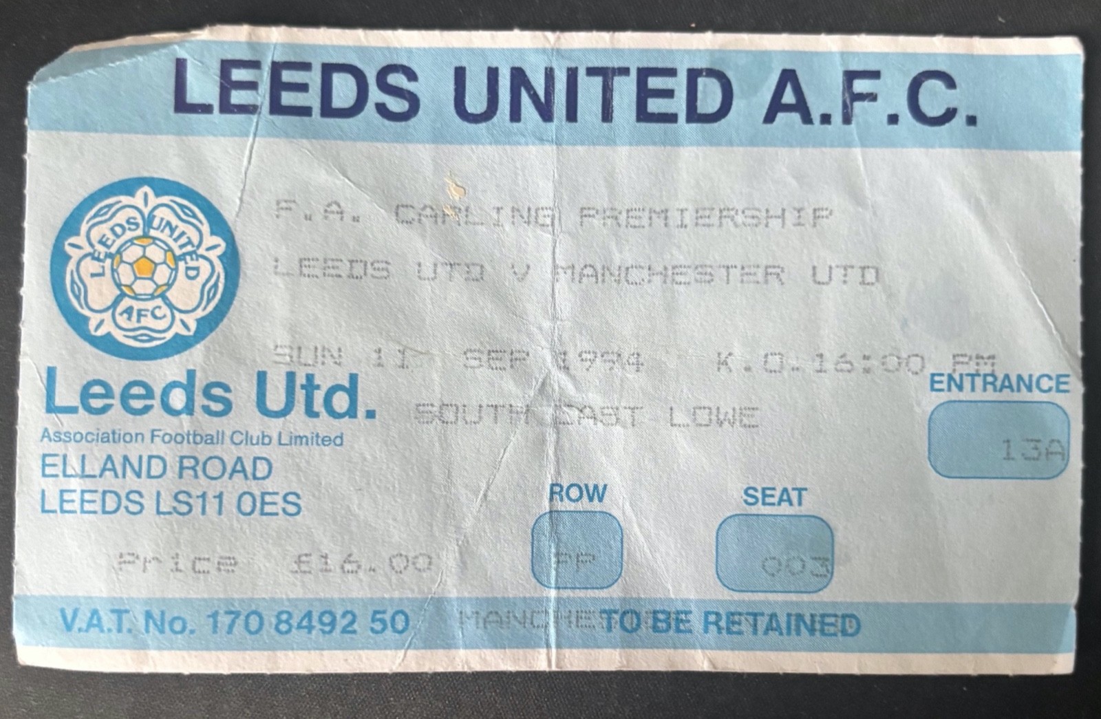 Leeds v Manchester United ticket stub 11th September 1994 Premier League for sale on Ebay