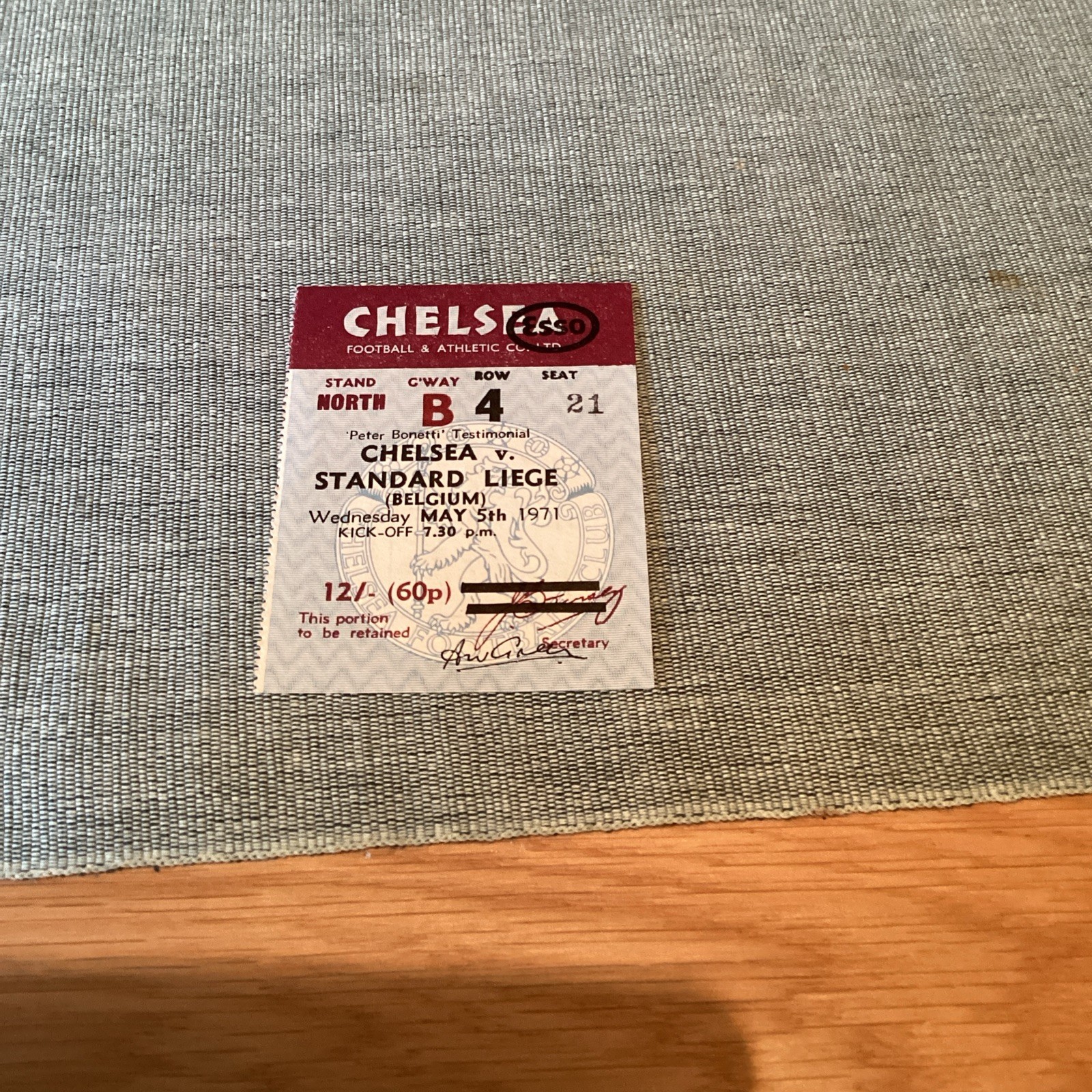 1970/1 Chelsea v Standard Liege. Peter Bonetti testimonial Match ticket. for sale on Ebay