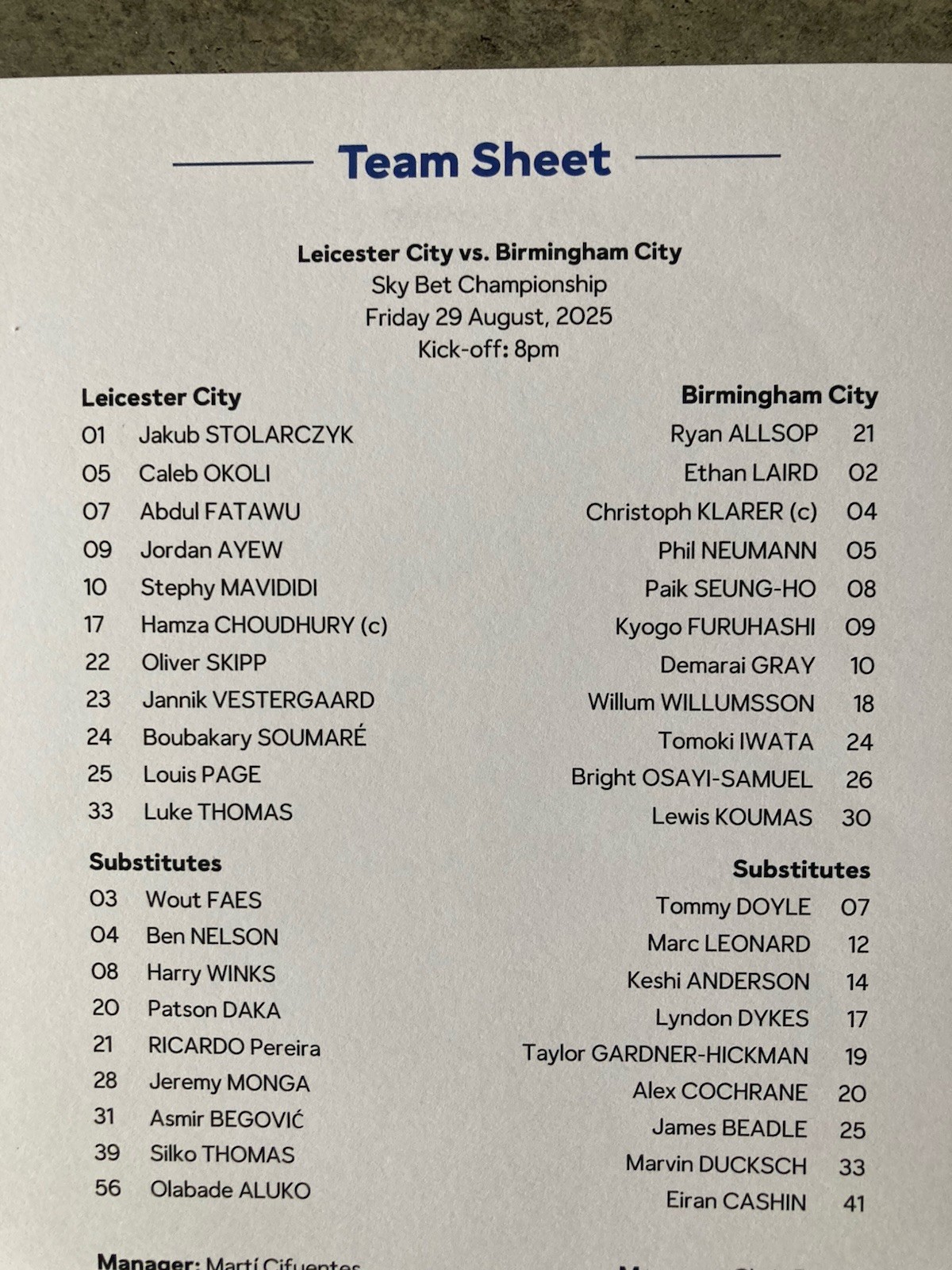 Leicester City v Birmingham City team sheet 29/08/2025 SkyBet Championship for sale on Ebay