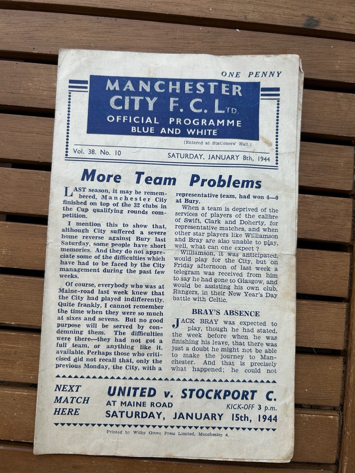 Manchester City V Oldham Athletic programme, 1943/4 , Wartime League for sale on Ebay