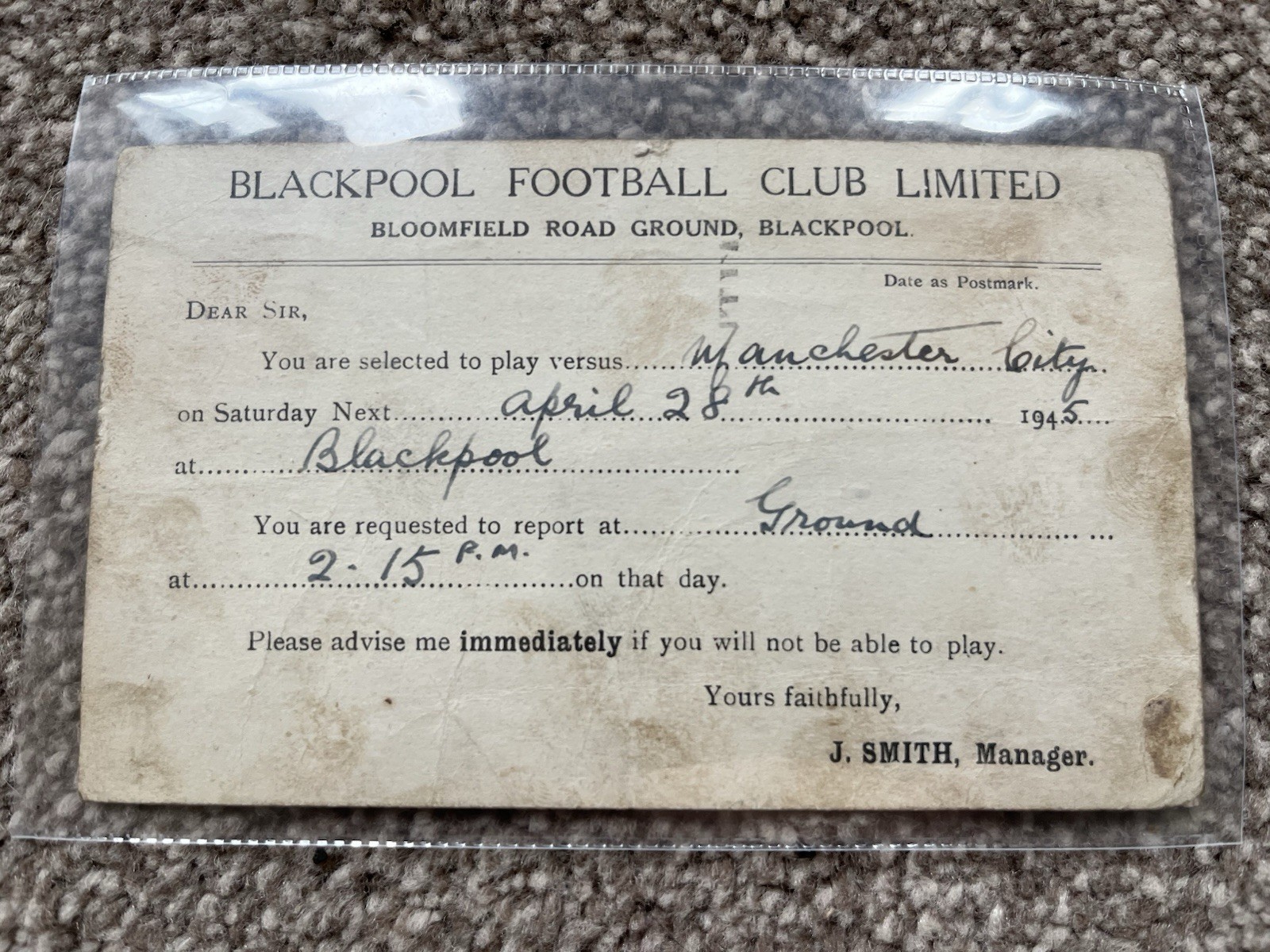 BLACKPOOL FC POSTCARD 1945 PLAYER AVAILABILITY V MANCHESTER CITY for sale on Ebay