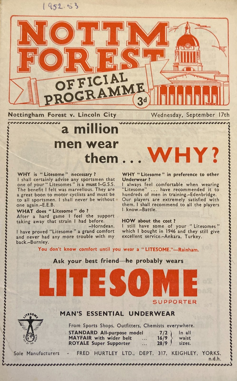 Nottingham Forest v Lincoln City Div 2 1952/53 for sale on Ebay