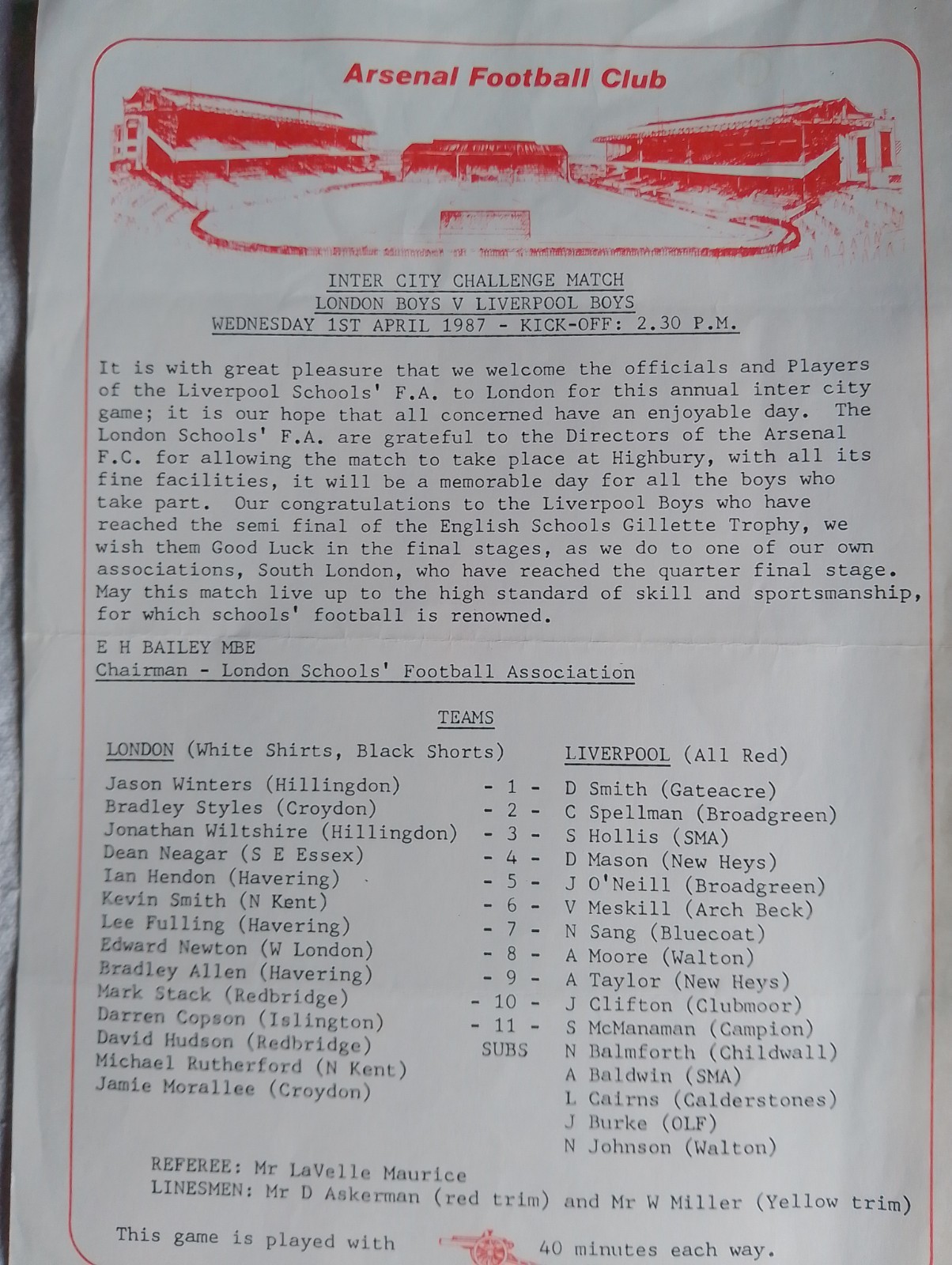 Miscellaneous game at Arsenal FC 1986/87 London Boys v Liverpool Boys. for sale on Ebay