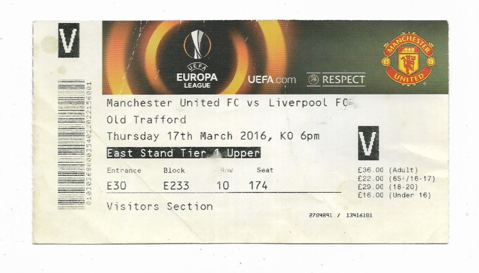 Ticket 2015/16 UEFA Europa League - MANCHESTER UNITED v. LIVERPOOL for sale on Ebay