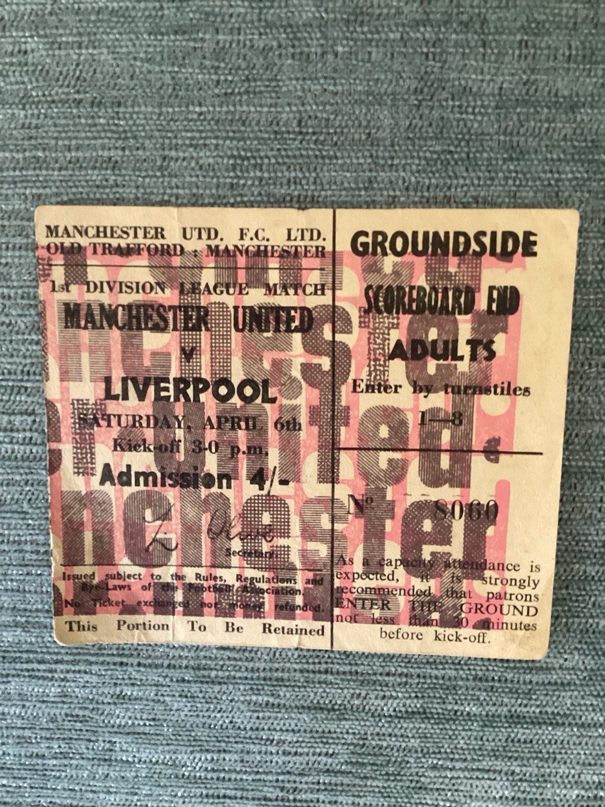 TICKET - Manchester United v Liverpool (First Division) 6/4/1968 for sale on Ebay