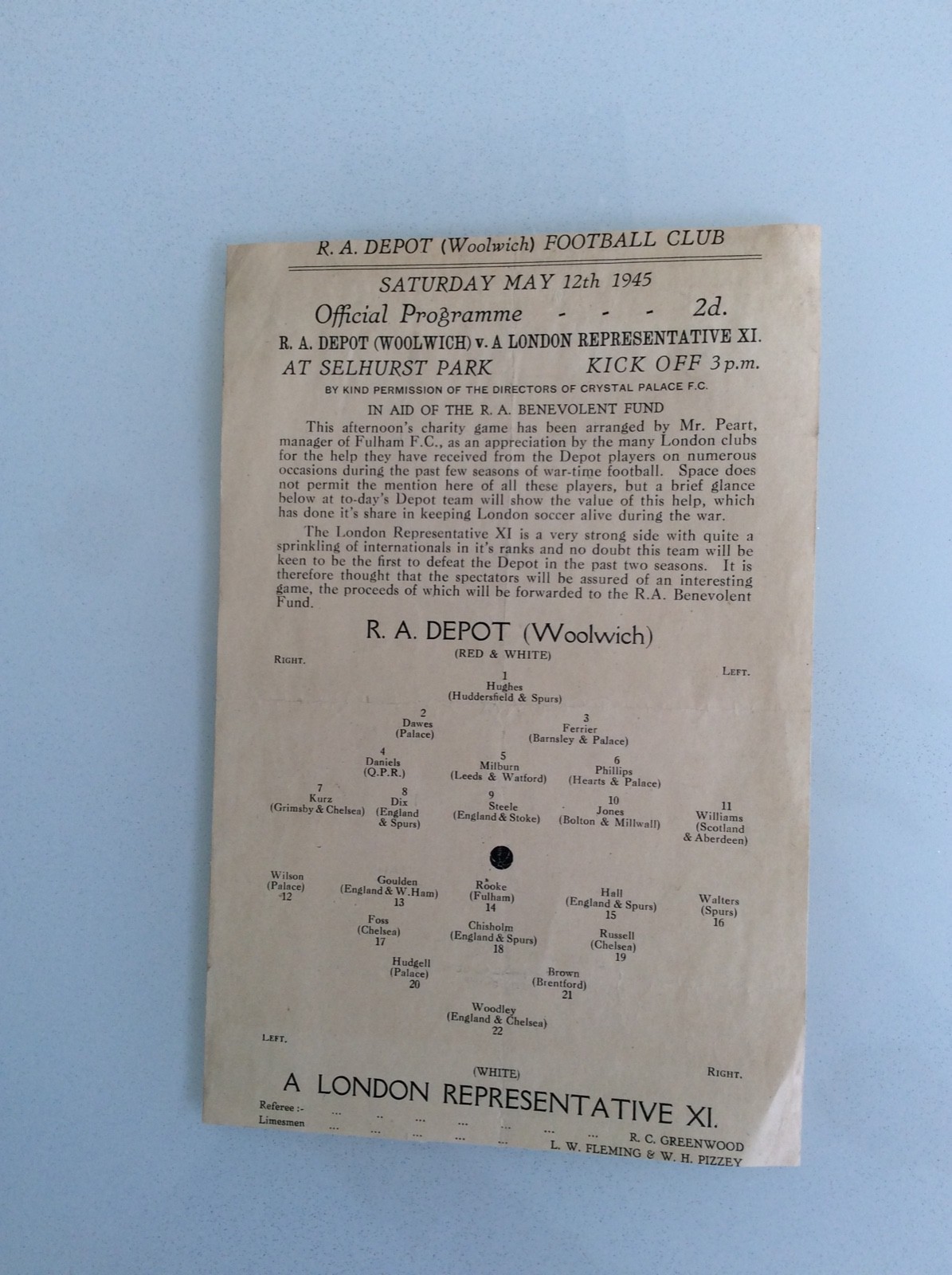 R.A. DEPOT WOOLWICH V LONDON REPRESENTATIVES 12.05.1945 PLAYED AT CRYSTAL PALACE for sale on Ebay