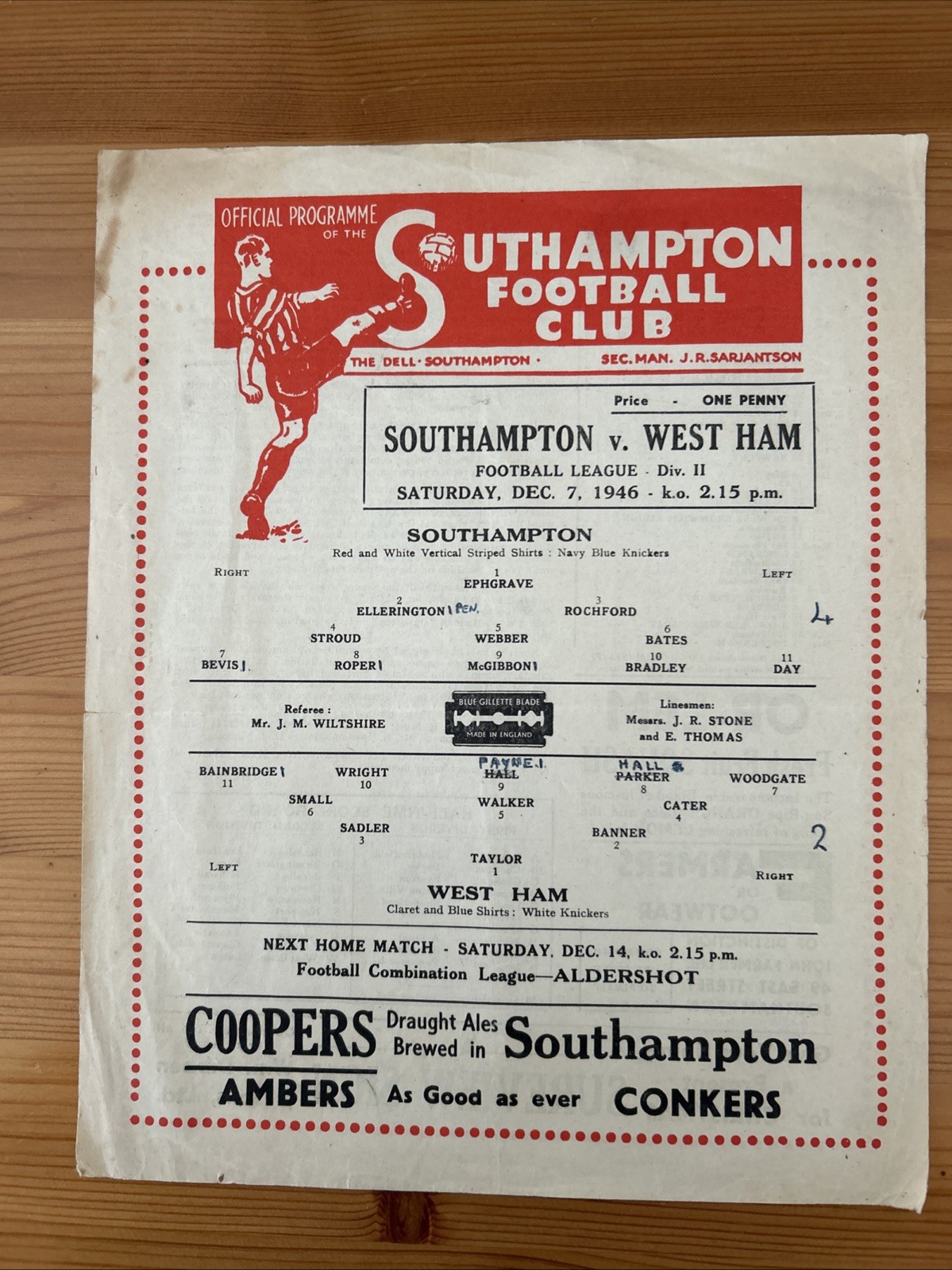 Southampton V West Ham United 1946/47 for sale on Ebay