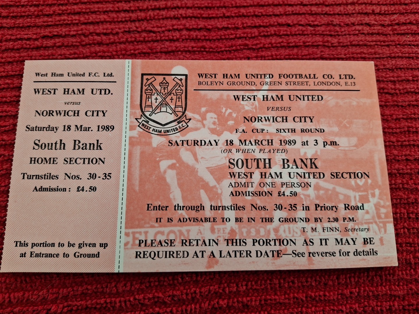 West Ham United v Norwich City TICKET.  18/3/1989 for sale on Ebay