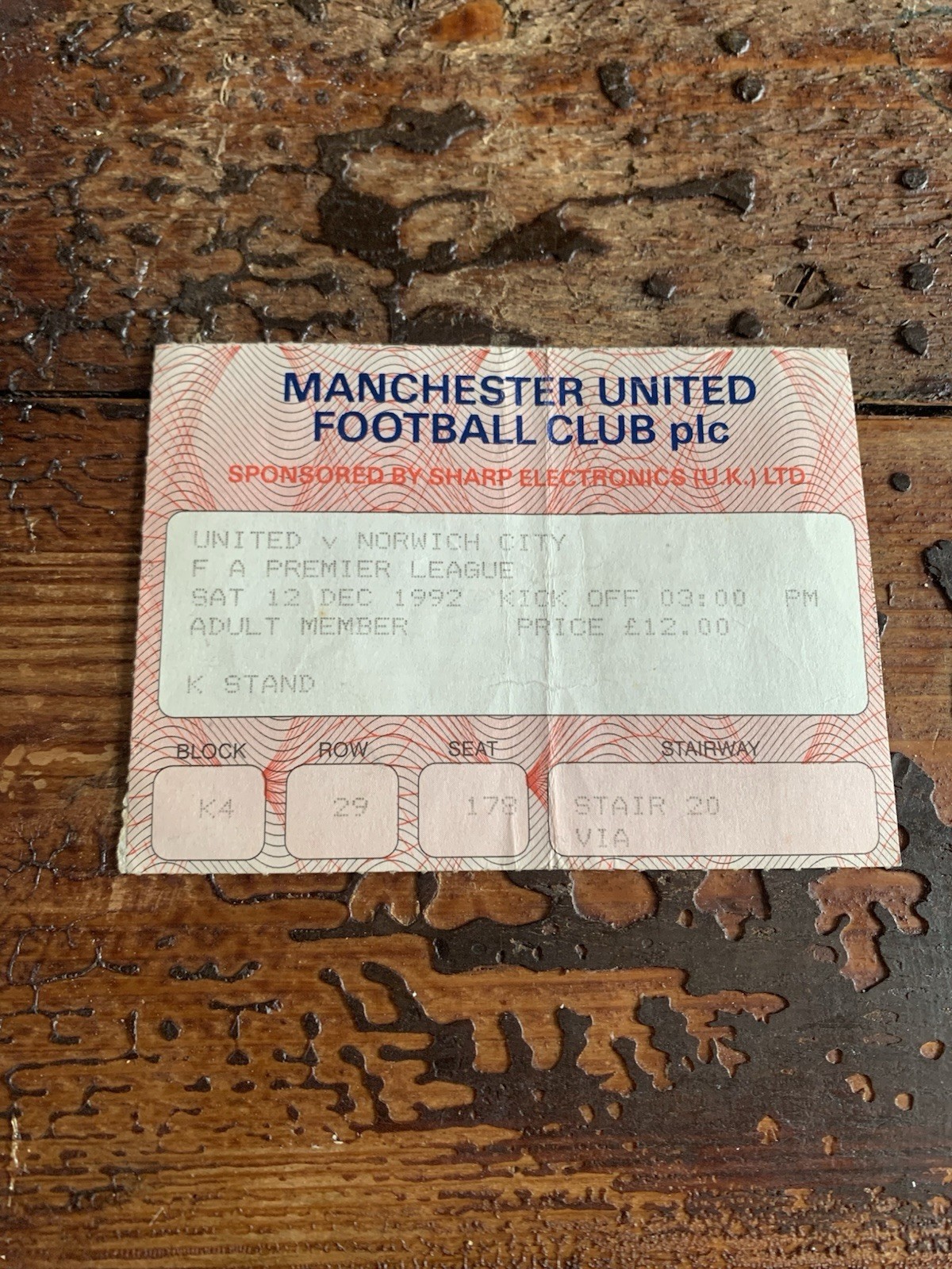 Man United V Norwich City 12/12/1992 Premier League Ticket football tickets for sale on Ebay