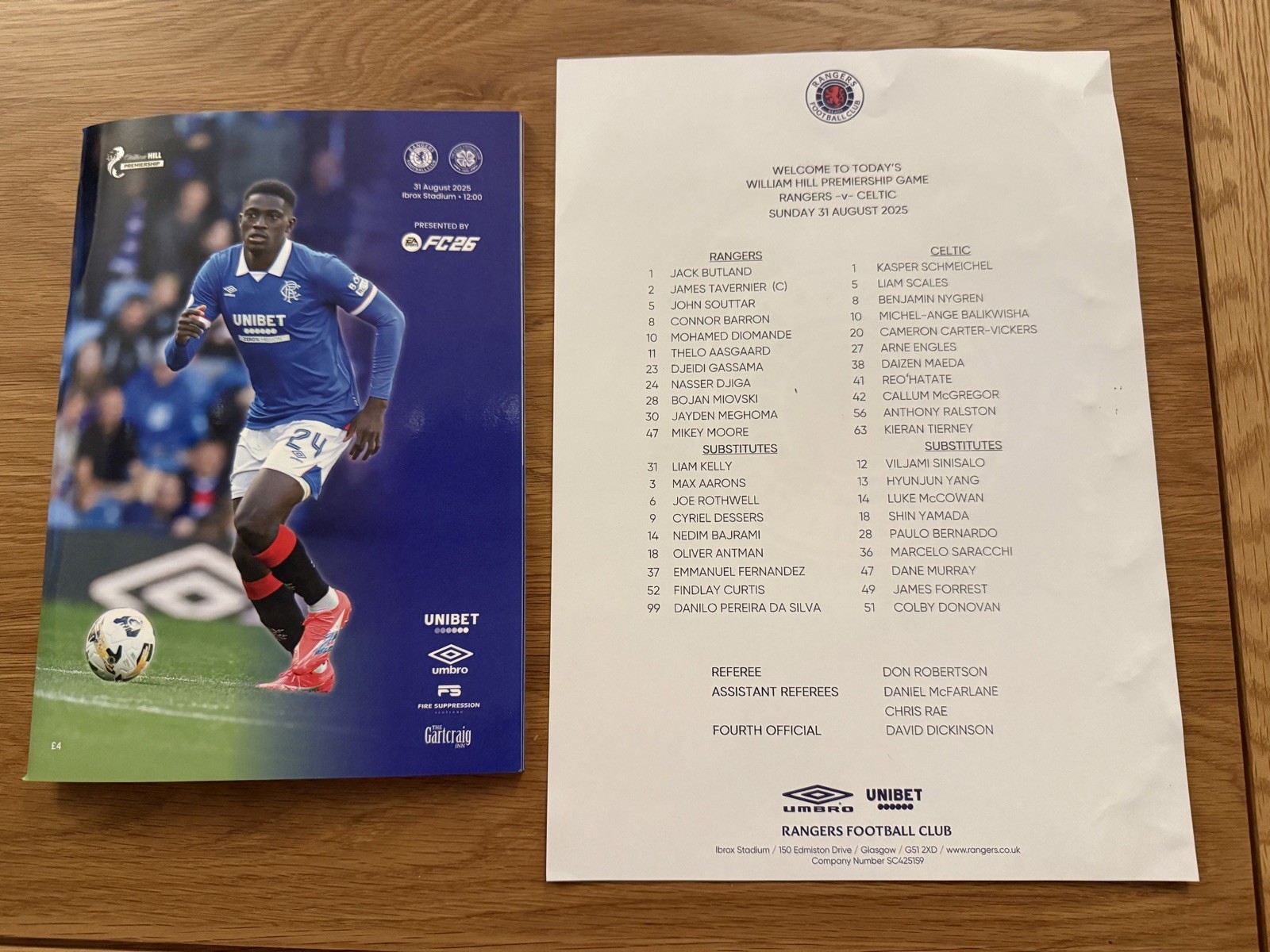 Rangers V Celtic League Programme And Team Sheet 31 August 2025 for sale on Ebay