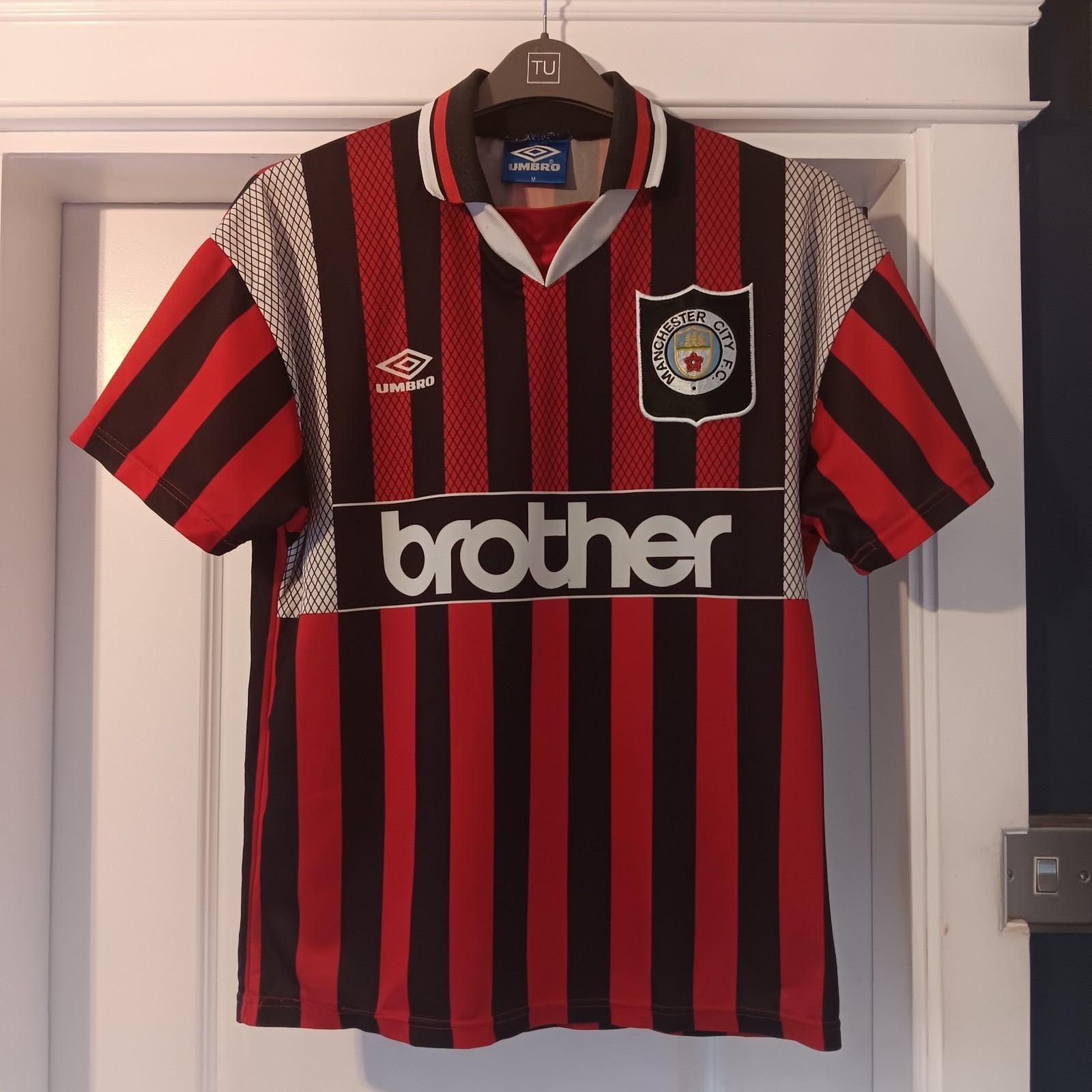 Manchester City original Umbro Brother red/black striped away shirt uk M for sale on Ebay