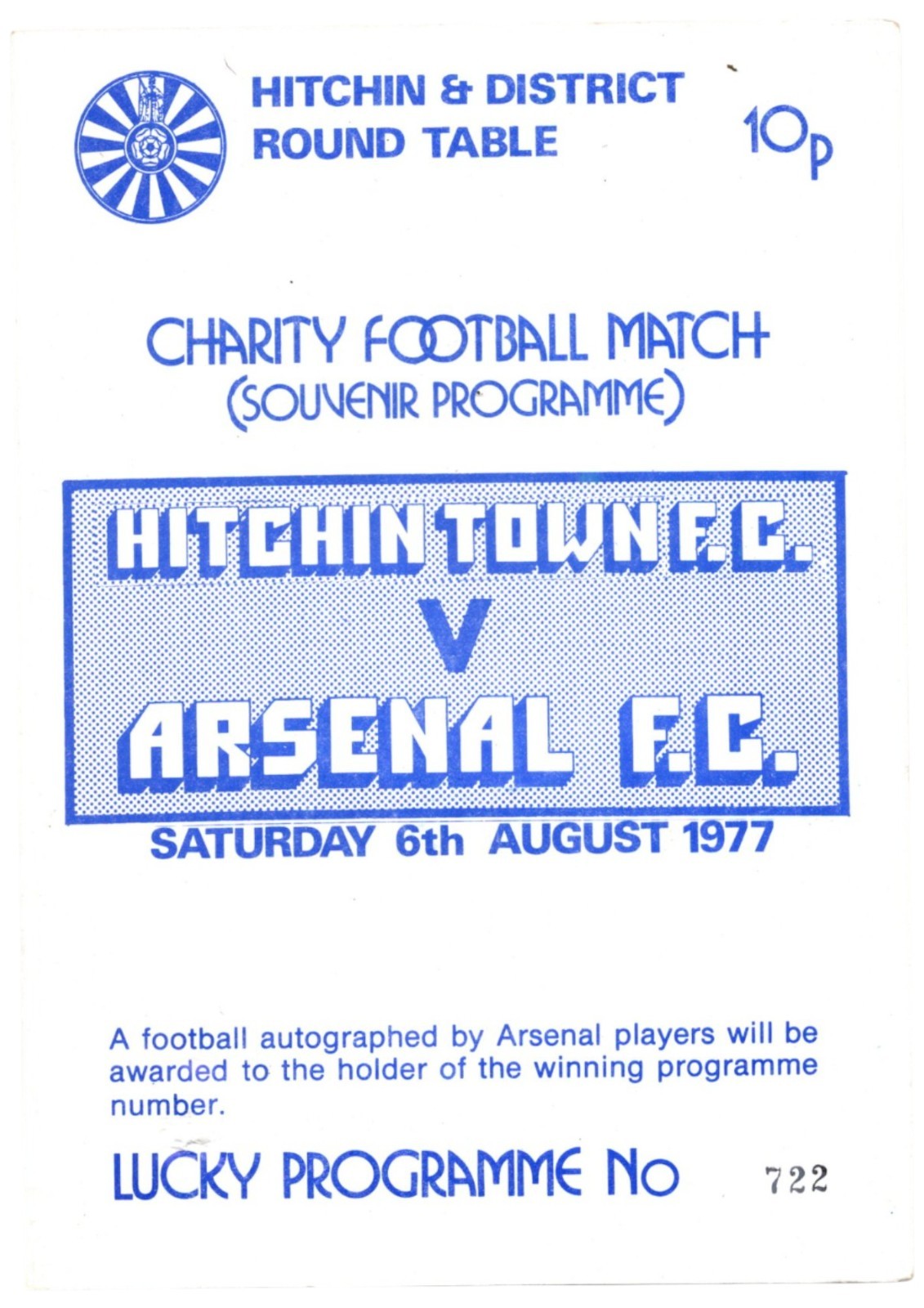 Hitchin Town v Arsenal 1977-1978 Friendly 06/08/1977 for sale on Ebay