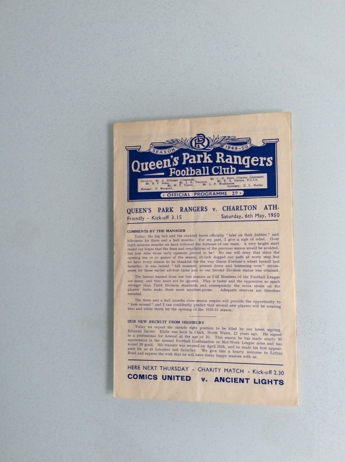 QUEENS PARK RANGERS V CHARLTON ATHLETIC 06.05.1950 FRIENDLY GAME for sale on Ebay