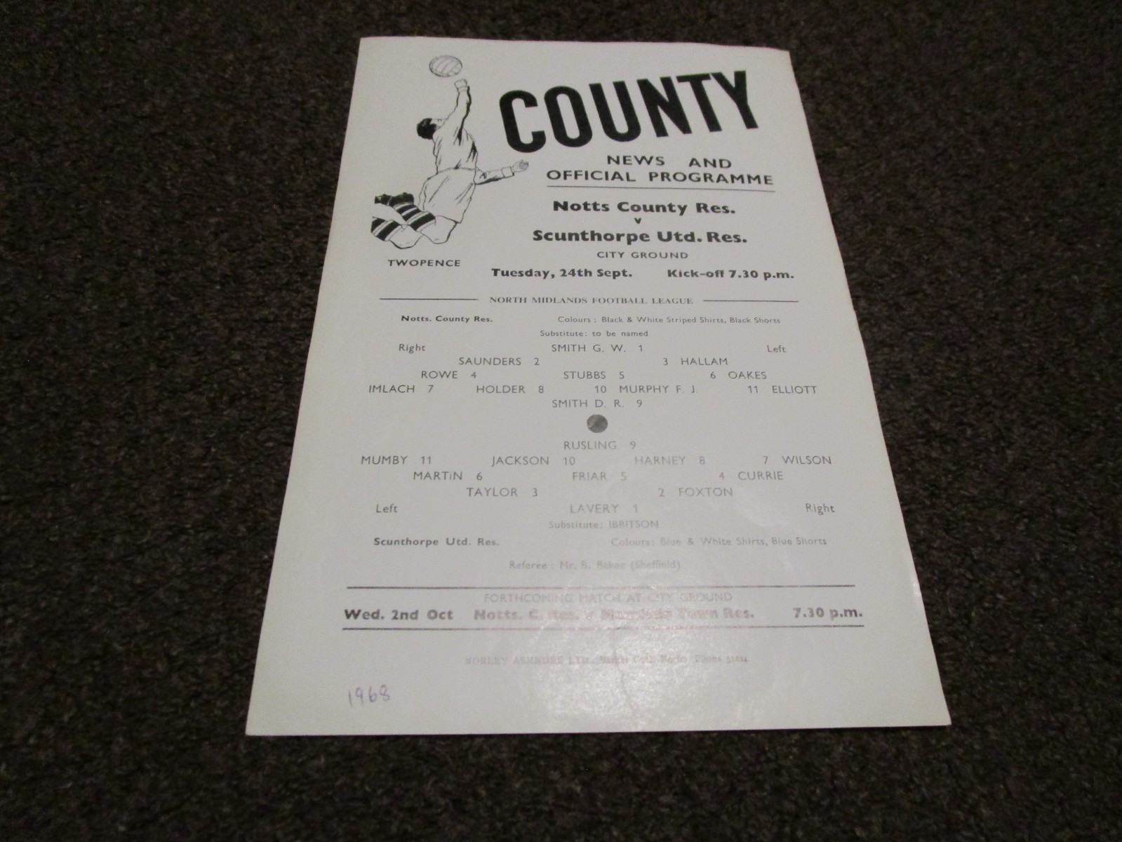 NOTTS COUNTY  reserves  v  SCUNTHORPE UNITED  res  1968/9  SEPT 24th   NMFL  s/s for sale on Ebay