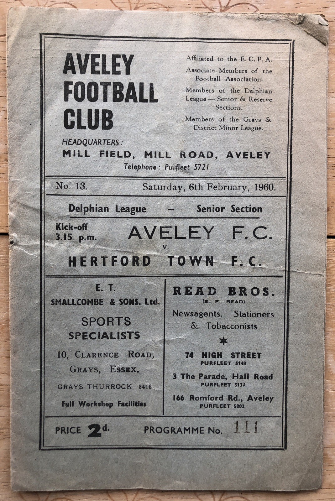 1959/60 Aveley v Hertford Town, Delphian League, 6 Feb 1960 for sale on Ebay