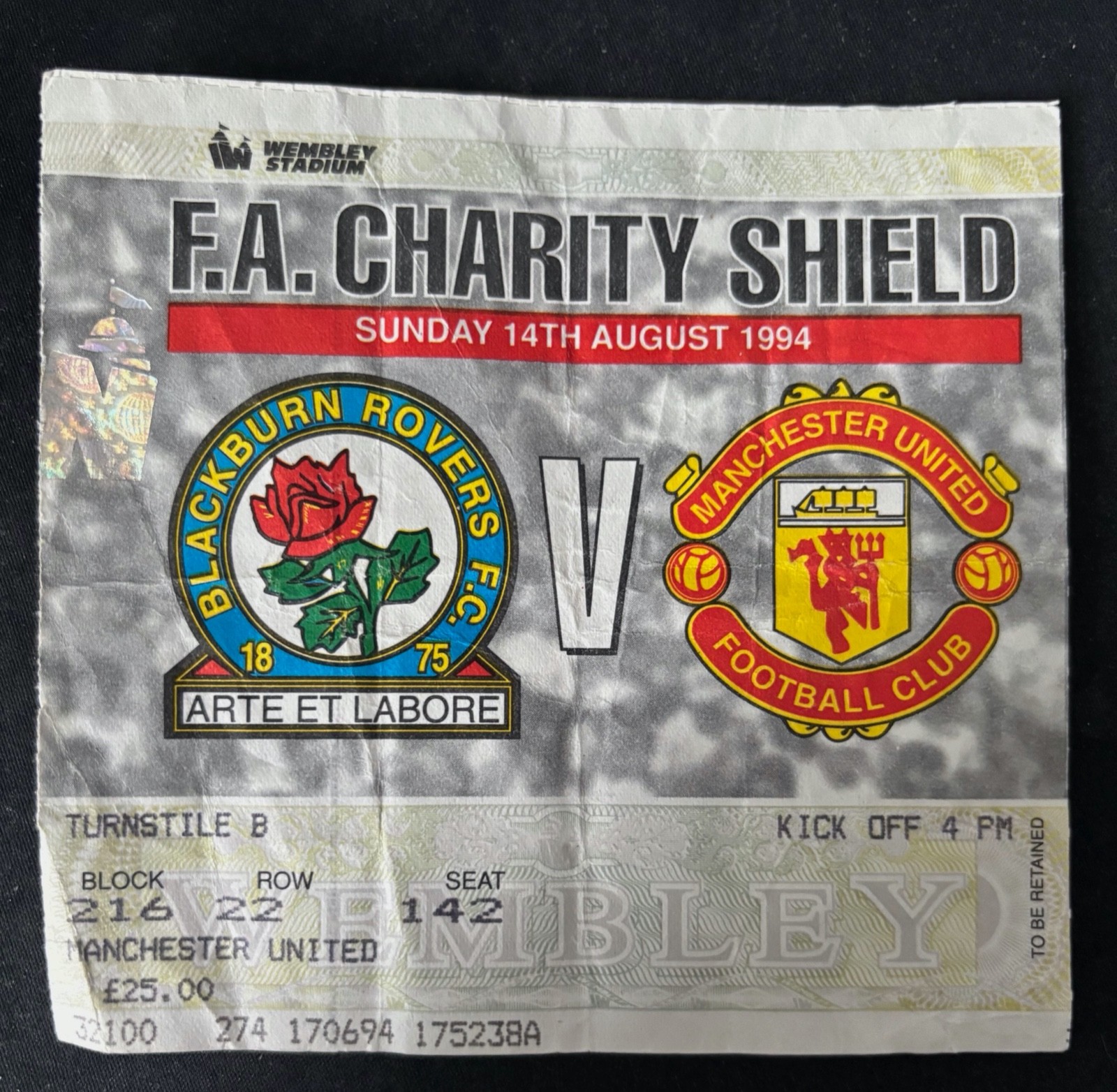 Blackburn R v Manchester United ticket stub FA Charity Shield 14th August 1994 for sale on Ebay
