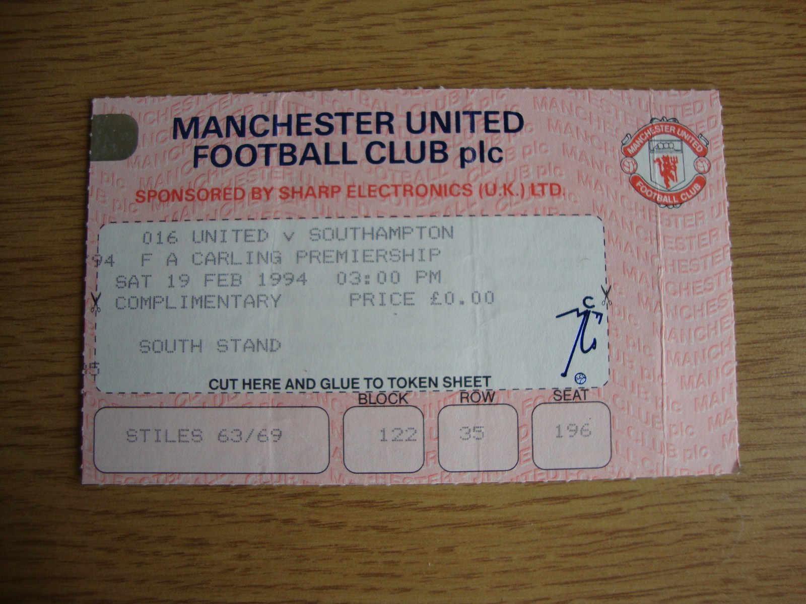 1994 Manchester United v Southampton -FA Premiership - Complimentary Ticket for sale on Ebay