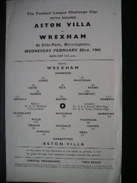 ASTON VILLA  v  Wrexham  60/1  FL Cup. for sale on Ebay