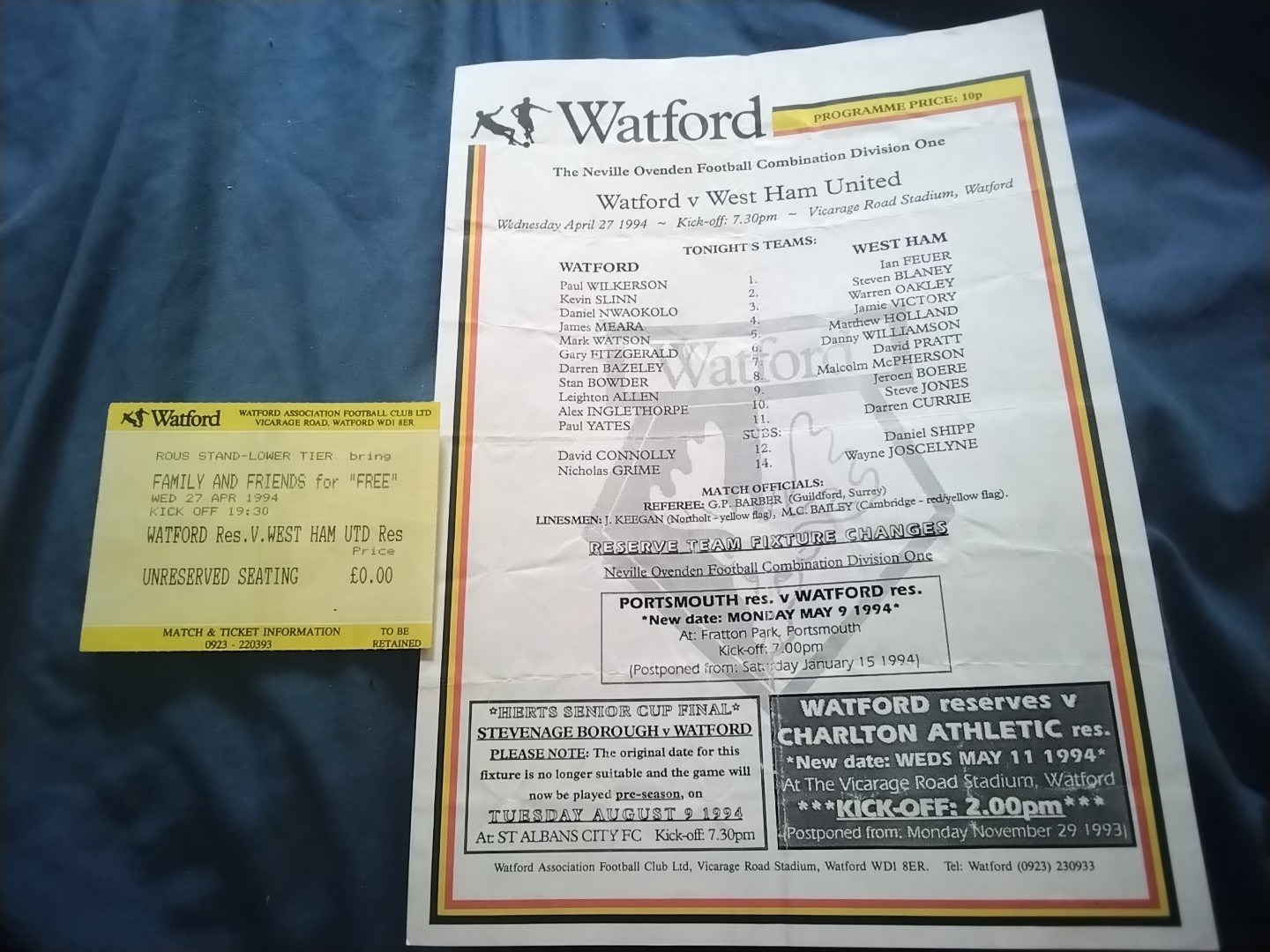 WATFORD v  WEST HAM  RESERVES  + TICKET  -  27/4/94 =   JEROEN BOERE  = freepo for sale on Ebay