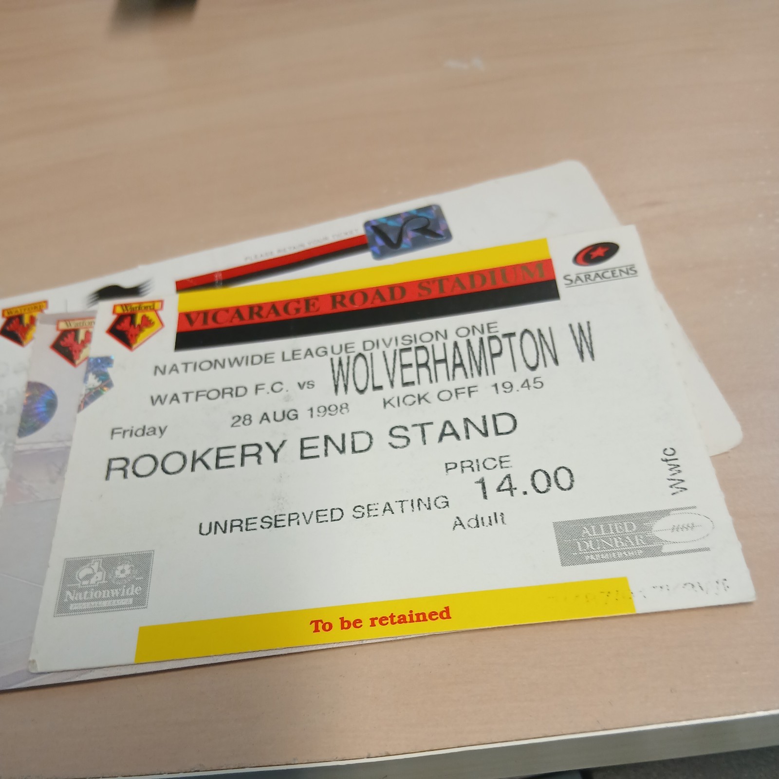 3 WATFORD TICKETS v WOLVES  1998, MANCHESTER UNITED 2000, DERBY 2011 for sale on Ebay