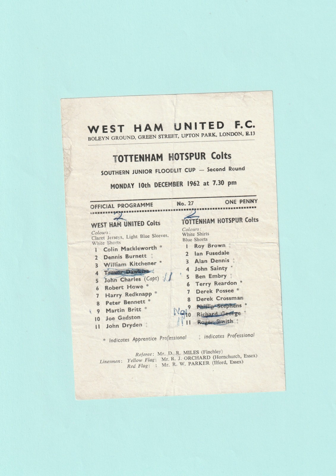 1962-1963 SOUTHERN JUNIOR  FLOODLIT CUP : WEST HAM UNITED v TOTTENHAM COLTS for sale on Ebay