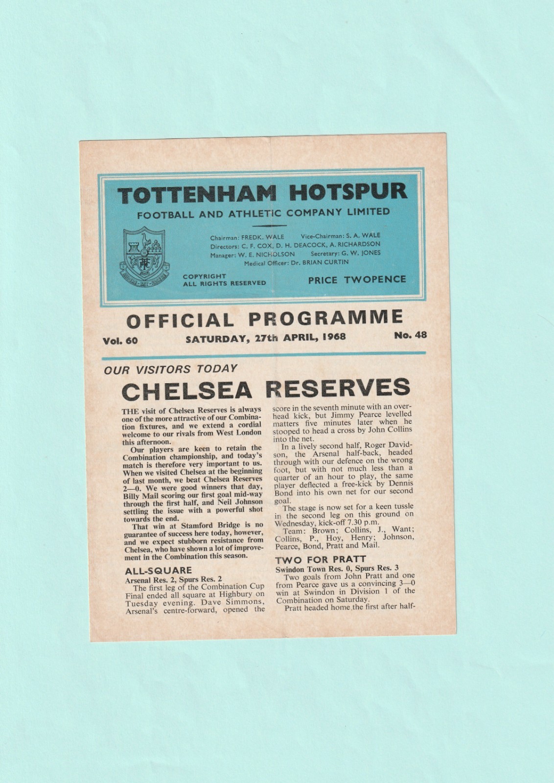 1967-1968 FOOTBALL COMBINATION : TOTTENHAM / SPURS v CHELSEA RESERVES 27TH APRIL for sale on Ebay