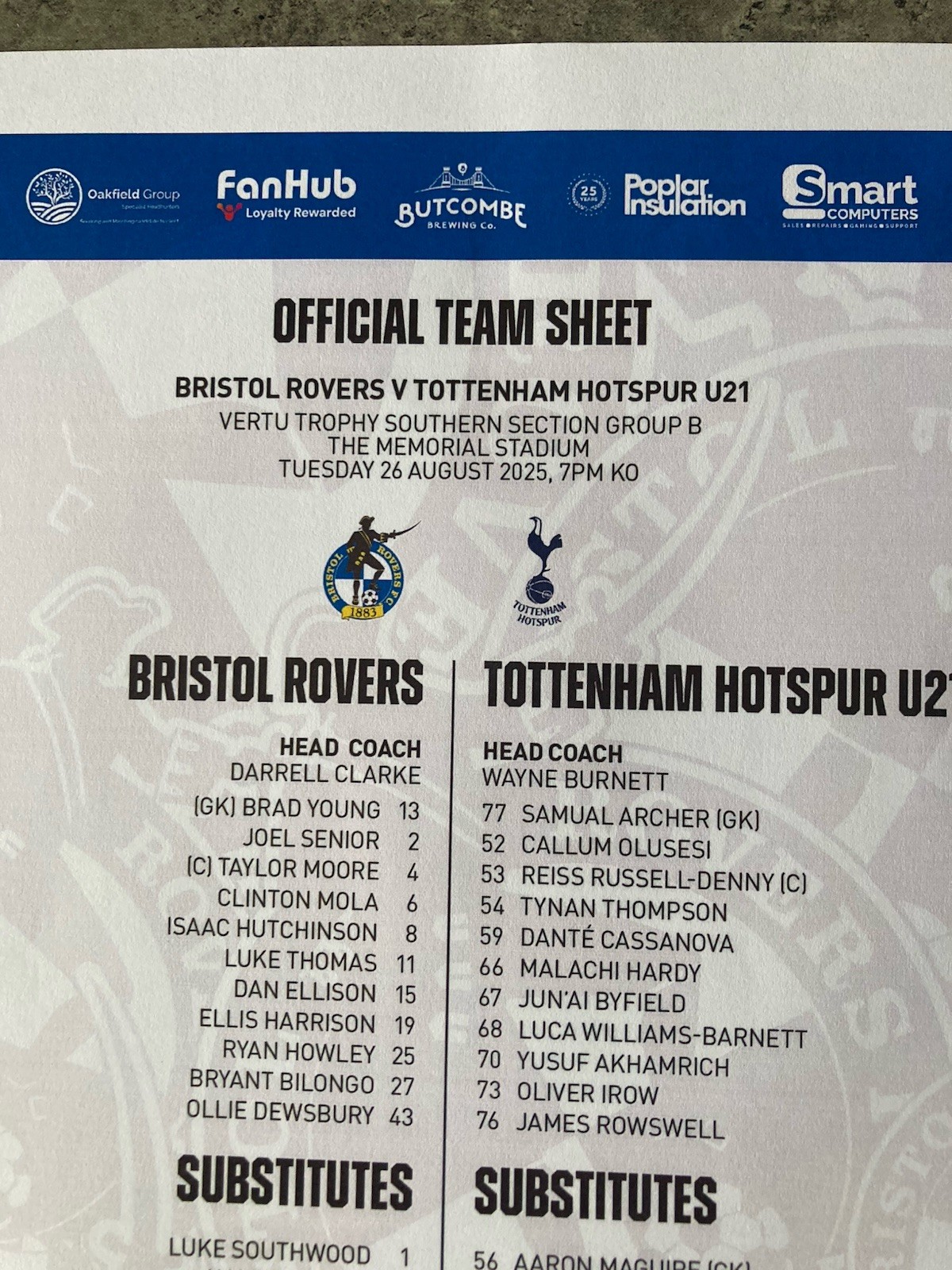 Bristol Rovers v Tottenham Hotspur U21 team sheet 26/08/2025 Vertu Trophy for sale on Ebay
