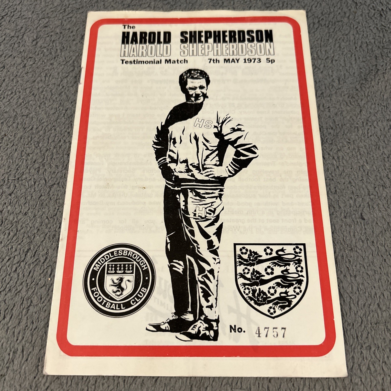 Middlesbrough Harold Shepherdson 1973 Testimonial Programme v international for sale on Ebay