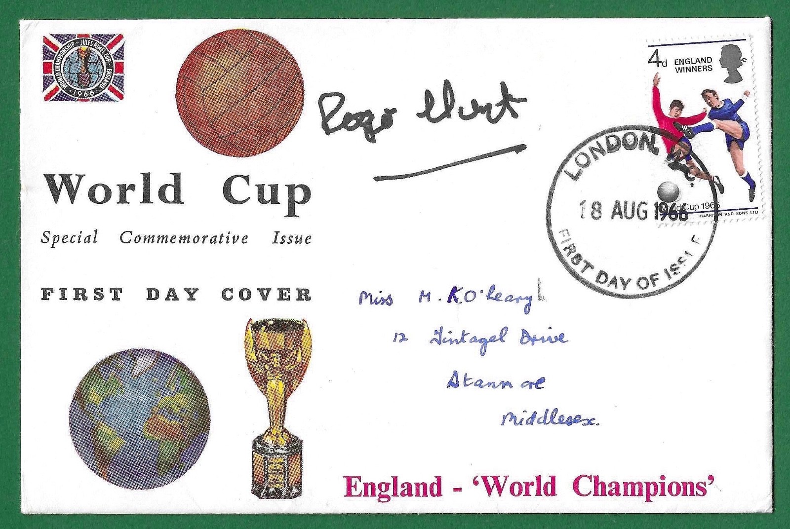 1966 FOOTBALL WORLD CUP, ROGER HUNT SIGNED FIRST DAY COVER, LIVERPOOL & ENGLAND. for sale on Ebay