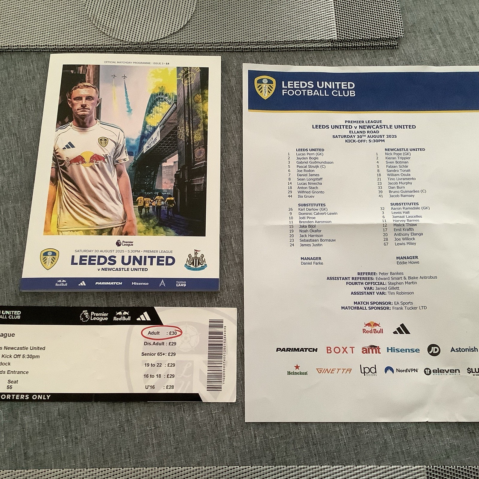 LEEDS UTD V NEWCASTLE UTD PREMIER LEAGUE MATCH PROG/TEAM-SHEET/TICKET 30/08/2025 for sale on Ebay