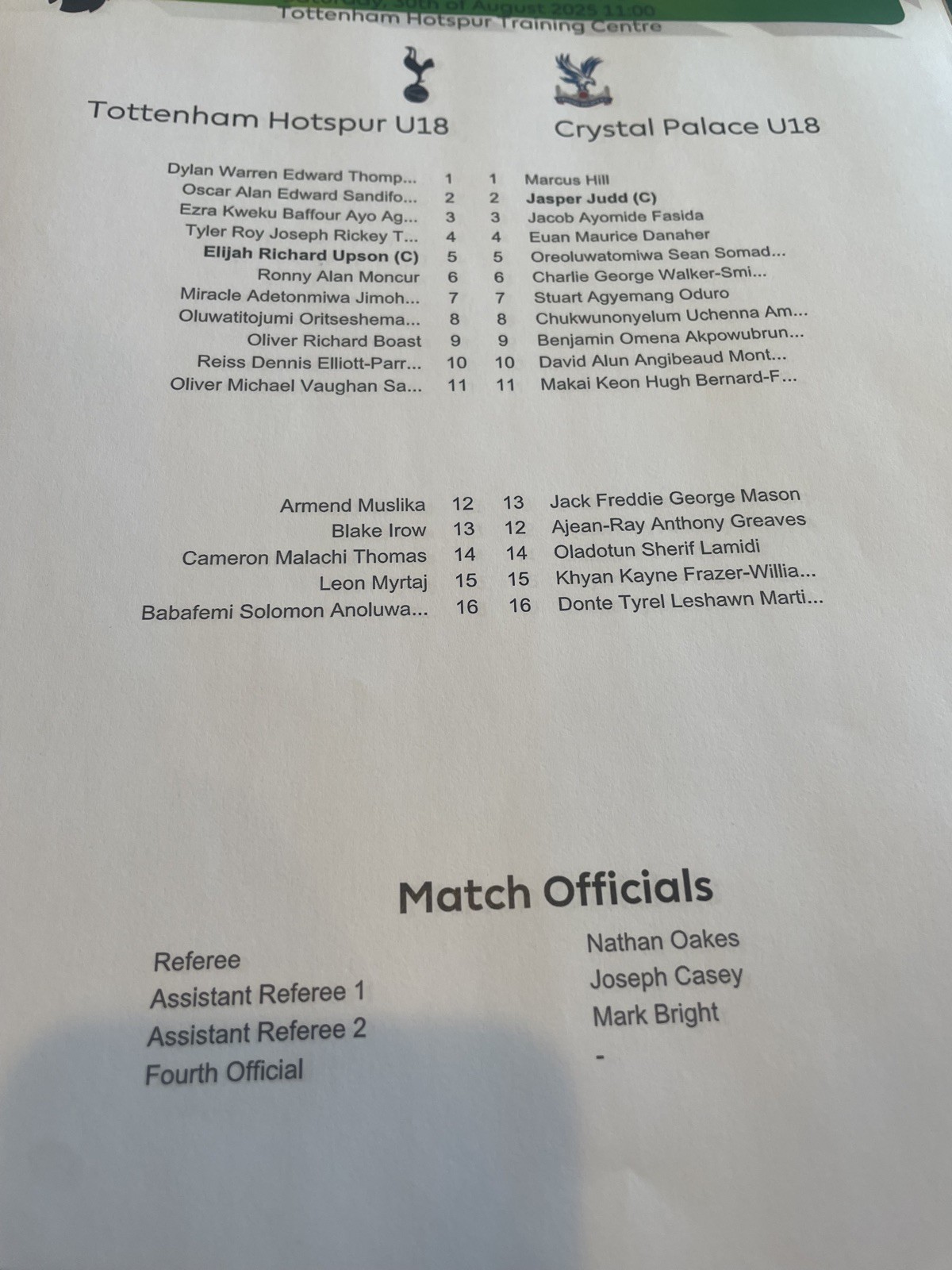 TOTTENHAM HOTSPUR U18 v Crystal Palace U18 Premier League Teamsheet 30 Aug 2025 for sale on Ebay