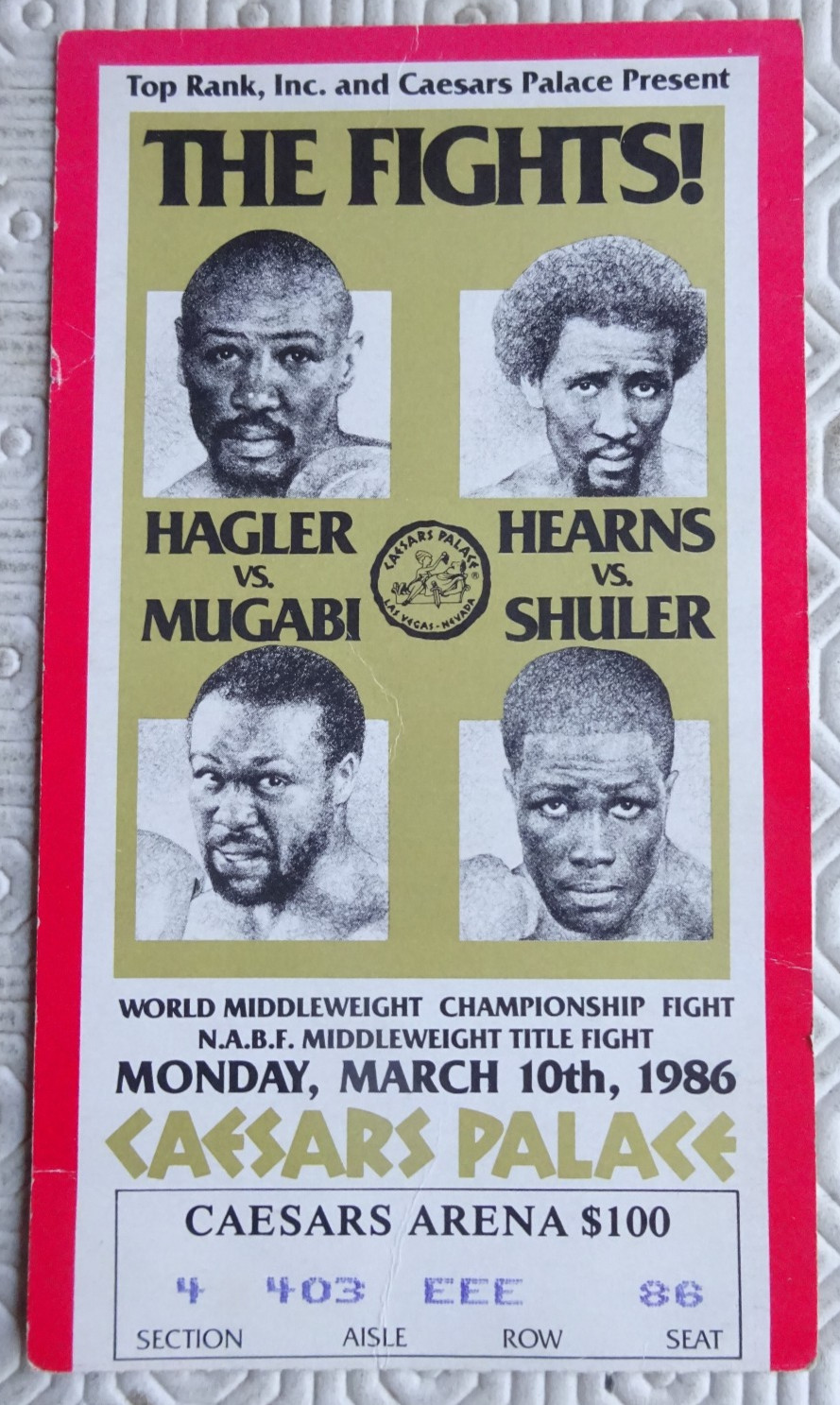 Hagler v Mugabi/Hearns v Shuler Ticket (March 10 1986 Caesars Palace) for sale on Ebay