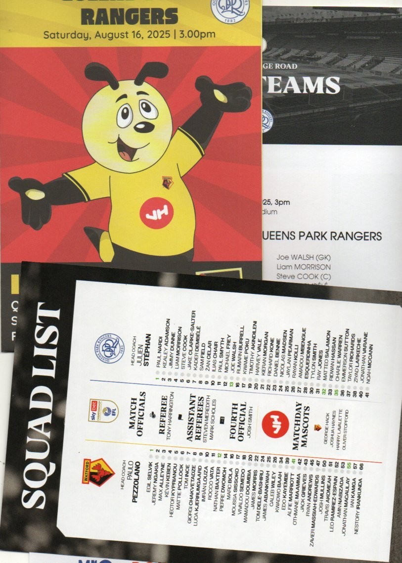 WATFORD V QUEENS PARK RANGERS 25/26 TEAM, SHEET + JUNIOR HORNET for sale on Ebay