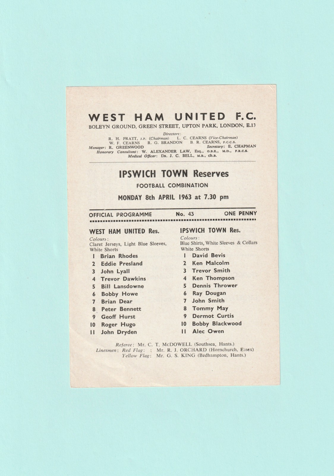1962-1963 FOOTBALL COMBINATION : WEST HAM UNITED v IPSWICH TOWN RESERVES for sale on Ebay