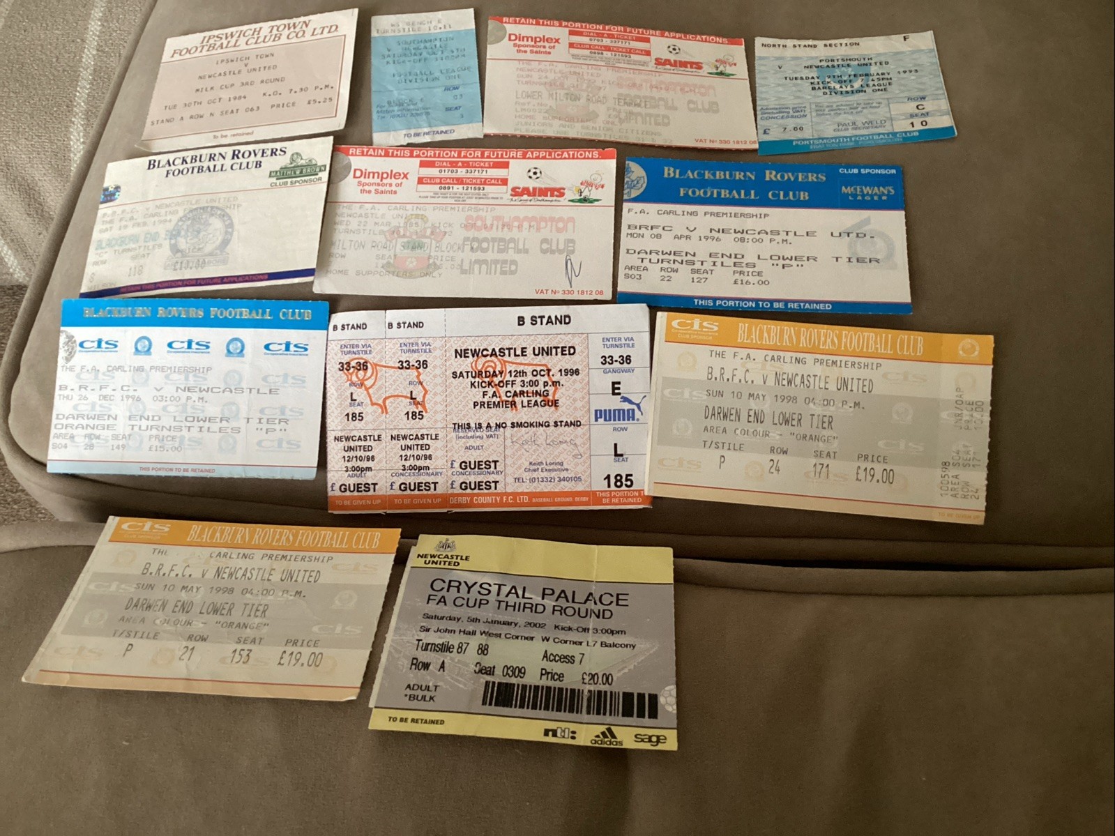 Newcastle United match tickets x 12 (1984-2002) mainly aways for sale on Ebay
