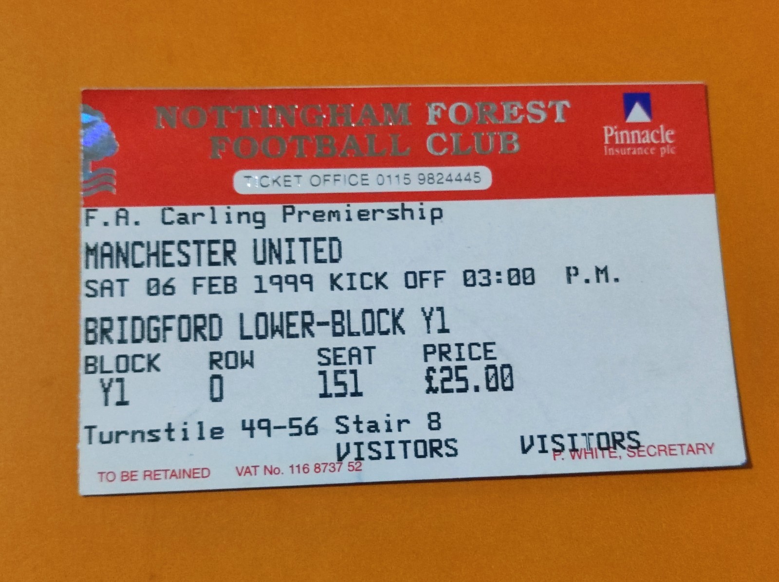 Nottingham Forest vs Manchester United Ticket 1999 Premiership Treble Season for sale on Ebay