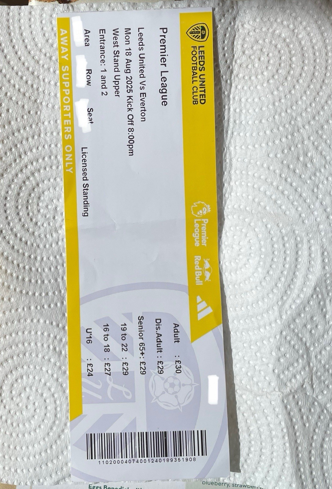 Leeds v Everton Premier League used ticket stub 18.08.25 (1st game of season) for sale on Ebay