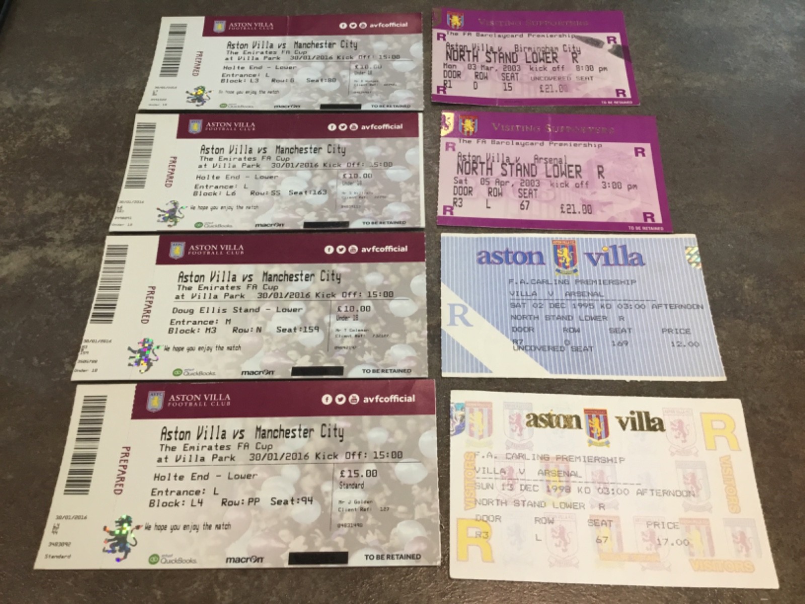 Collection of Aston Villa Home Match Tickets for sale on Ebay