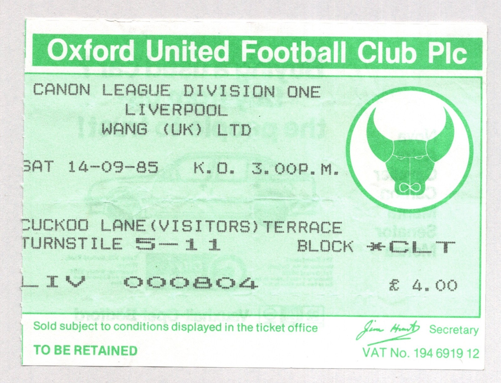 Oxford United v Liverpool 1985-1986 First Division Match Ticket 14/09/1985 for sale on Ebay