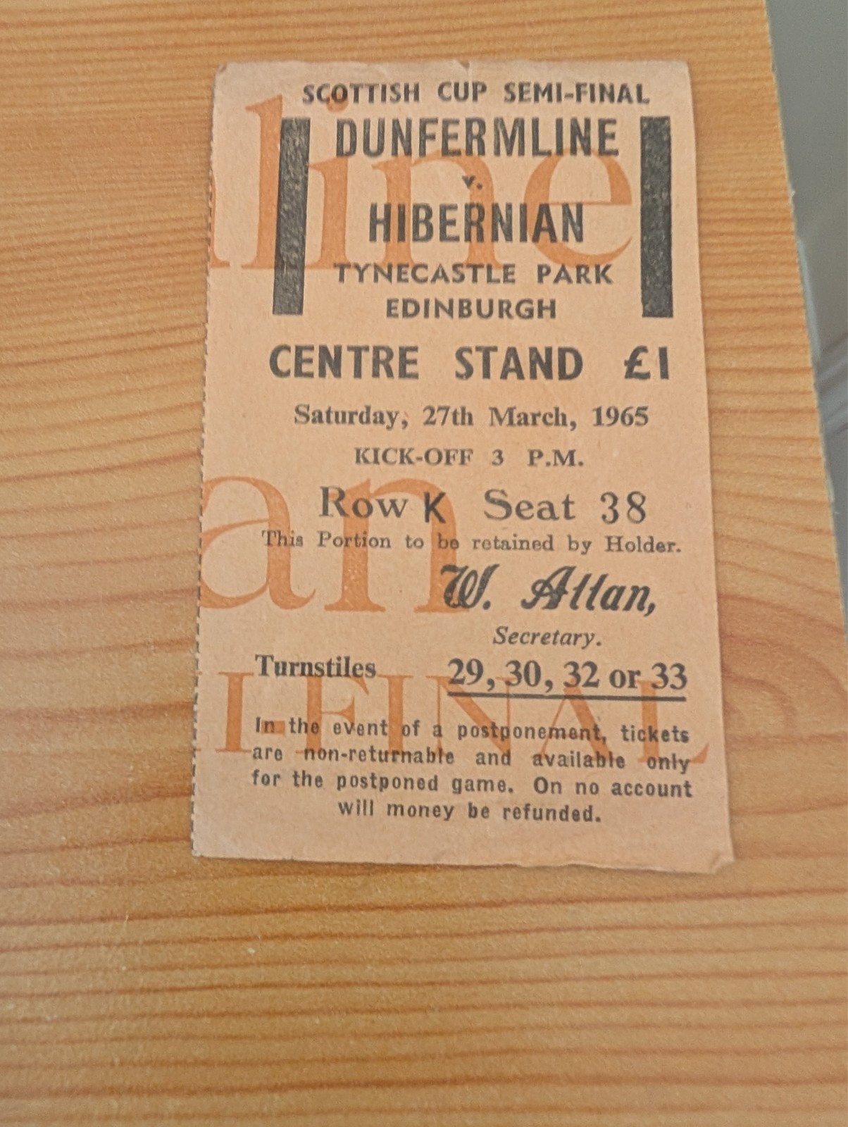 Dunfermline v Hibernian Scottish cup semi final ticket 1965 for sale on Ebay
