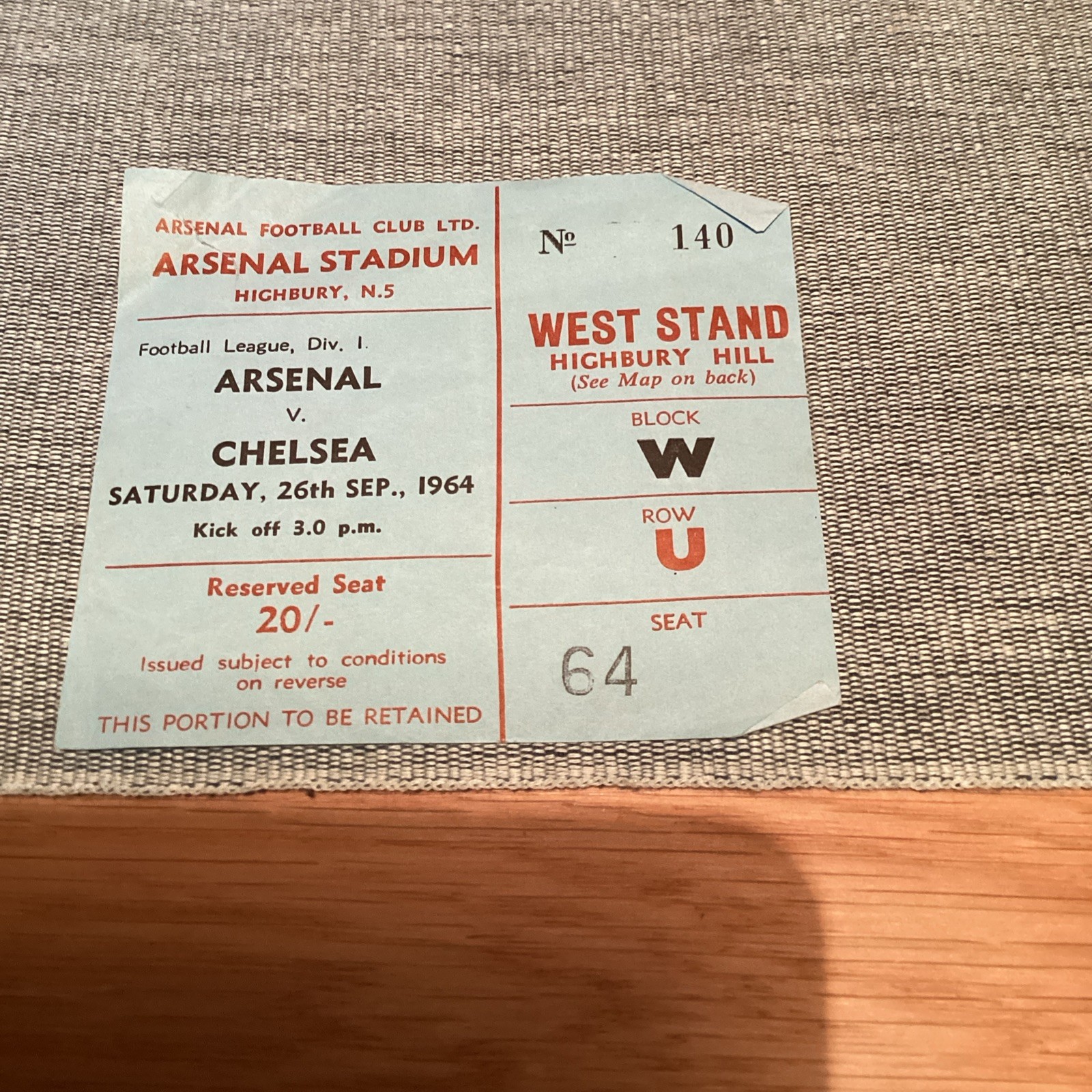 1964/5 Arsenal v Chelsea Match ticket. for sale on Ebay