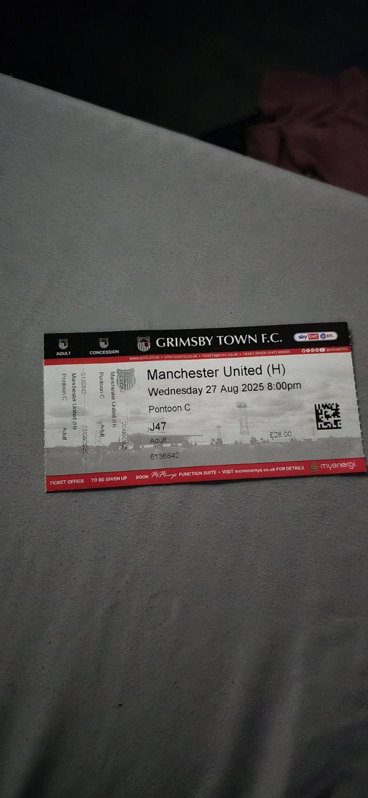 Grimsby Town Vs Manchester United 2025 Carabao  Cup Ticket for sale on Ebay