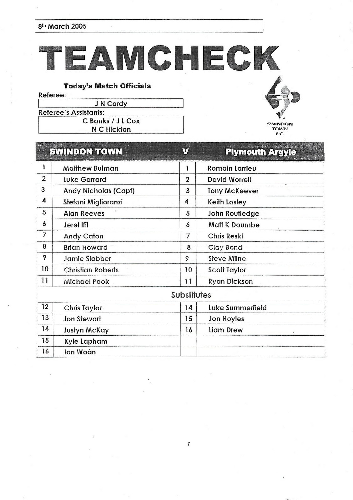 Football Programme>SWINDON TOWN RESERVES v PLYMOUTH ARGYLE RESERVES Mar 2005 for sale on Ebay
