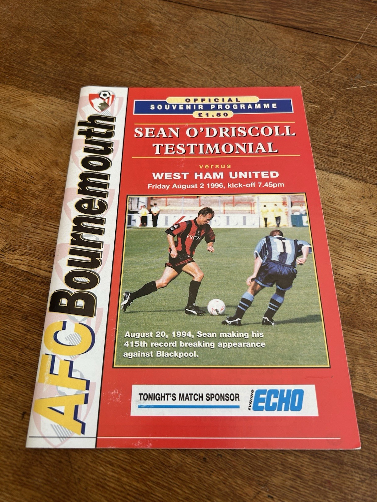 Sean O’Driscoll Signed Testimonial Match Programme Bournemouth v West Ham 2/8/96 for sale on Ebay