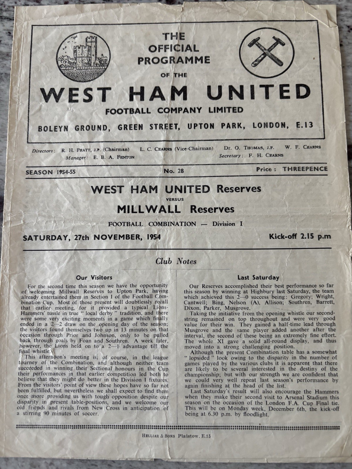 West Ham United Reserves v Millwall Reserves. 27th November 1954. Combination. for sale on Ebay