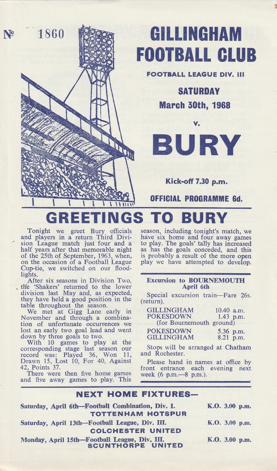 Gillingham v Bury, 30 March 1968, Division Three. for sale on Ebay