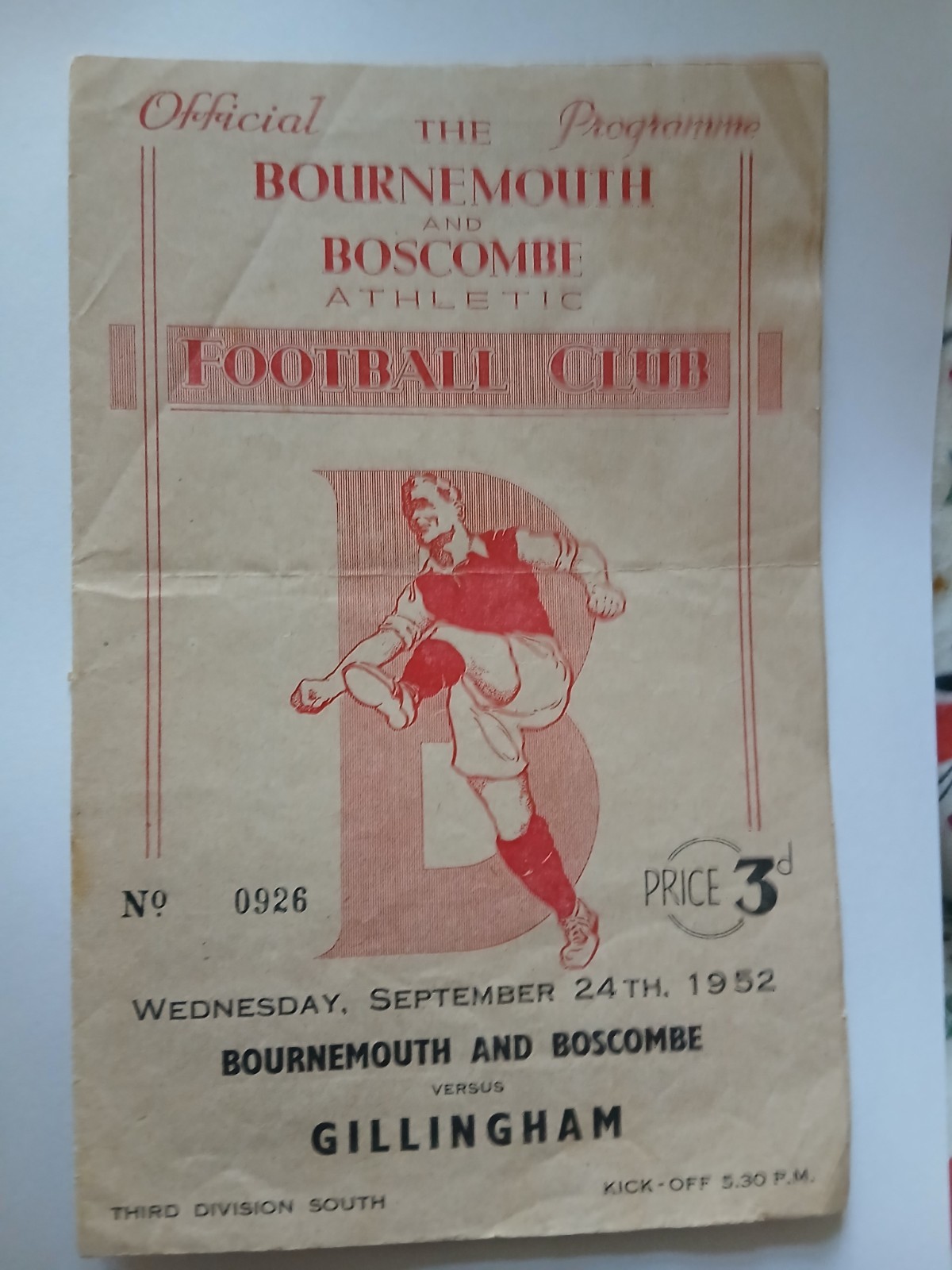 BOURNEMOUTH & BOSCOMBE v GILLINGHAM Third division south 24 September 1952 for sale on Ebay
