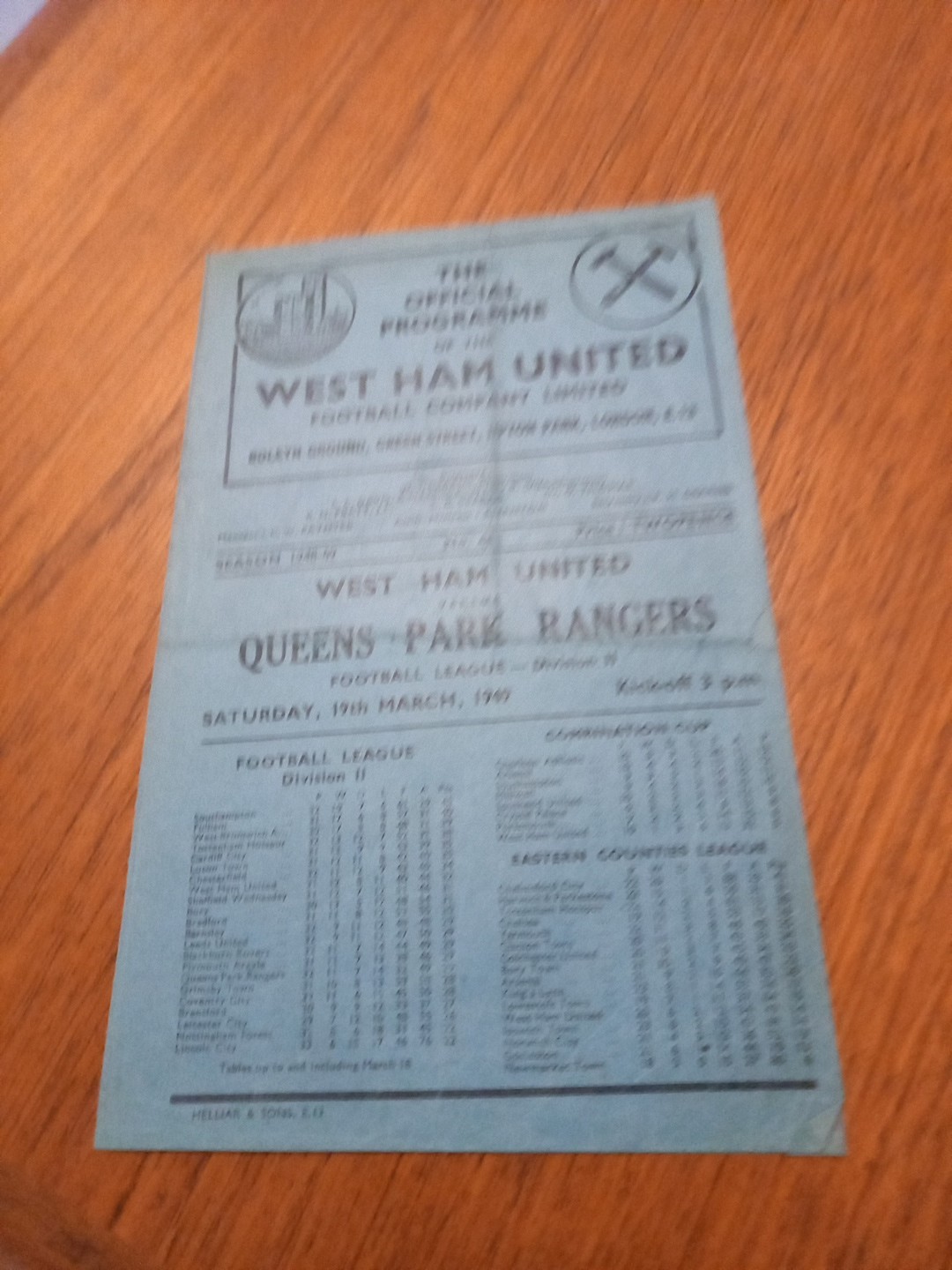 West Ham V Queens Park Rangers 19th MARCH 1949 for sale on Ebay
